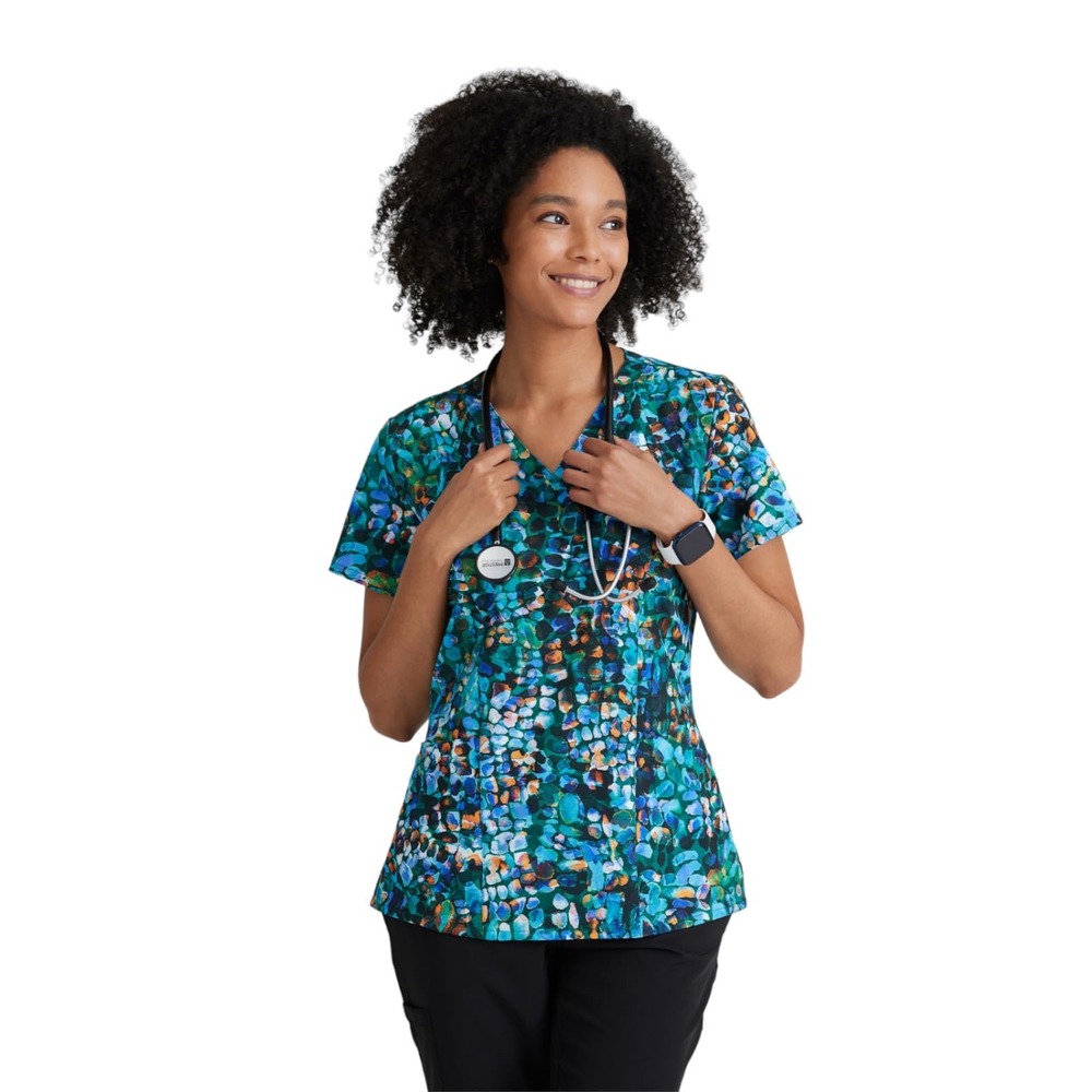 Barco One Scrub Top XXS Abstract Watercolor Print Medical Uniform Green Blue